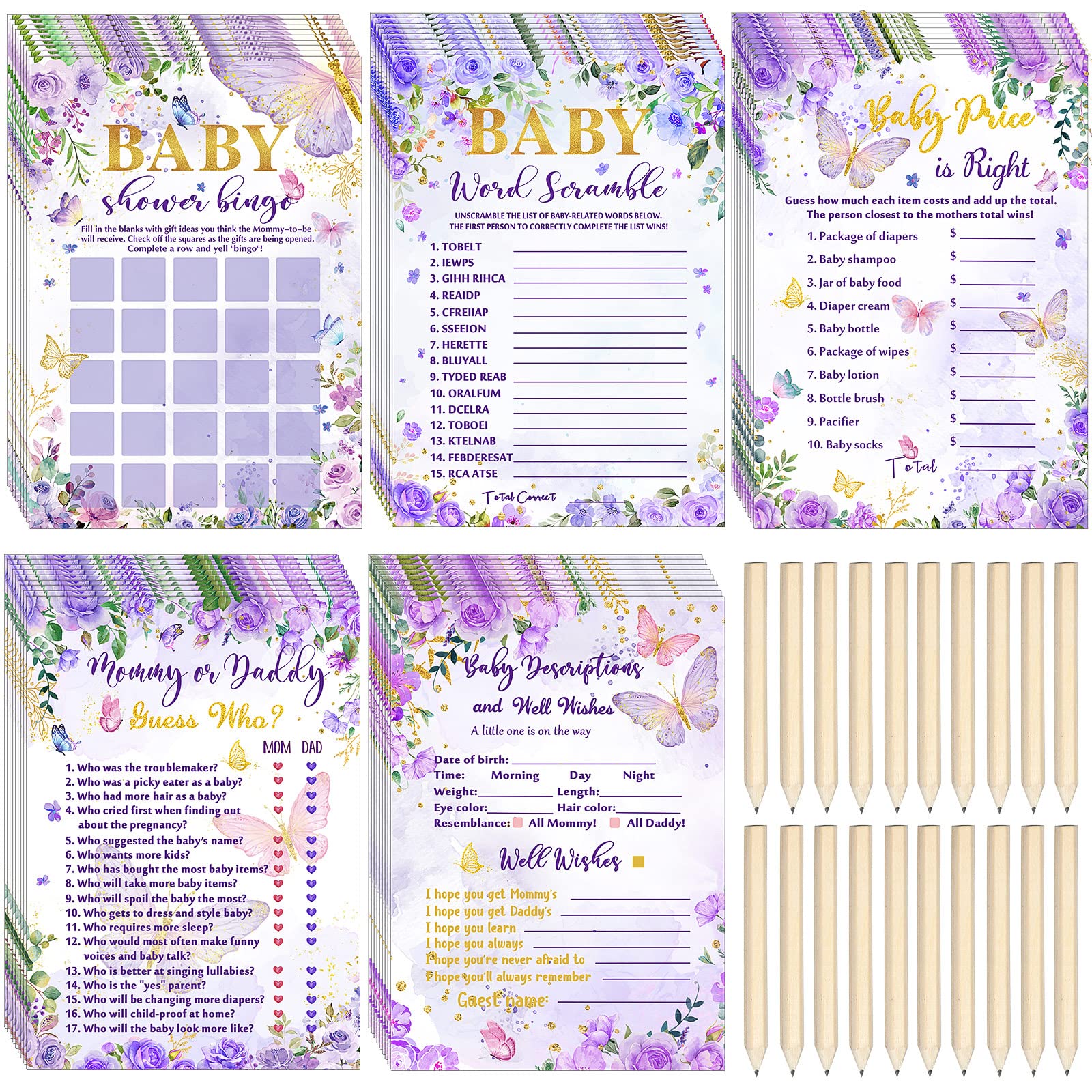 Photo 1 of Nuanchu 145 Pcs Butterfly Theme Baby Shower Games 25 Sheets Each with 20 Pencils, Baby Shower Bingo, Guess Who, Word Scramble, Descriptions and Wishes Games for Party Decoration