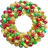 Amooca 16in Christmas Ball Wreath with LED Lights Front Door Window Decorative Hanging Ornaments Table Centerpiece Holiday Party Home Decoration Red Gold Green