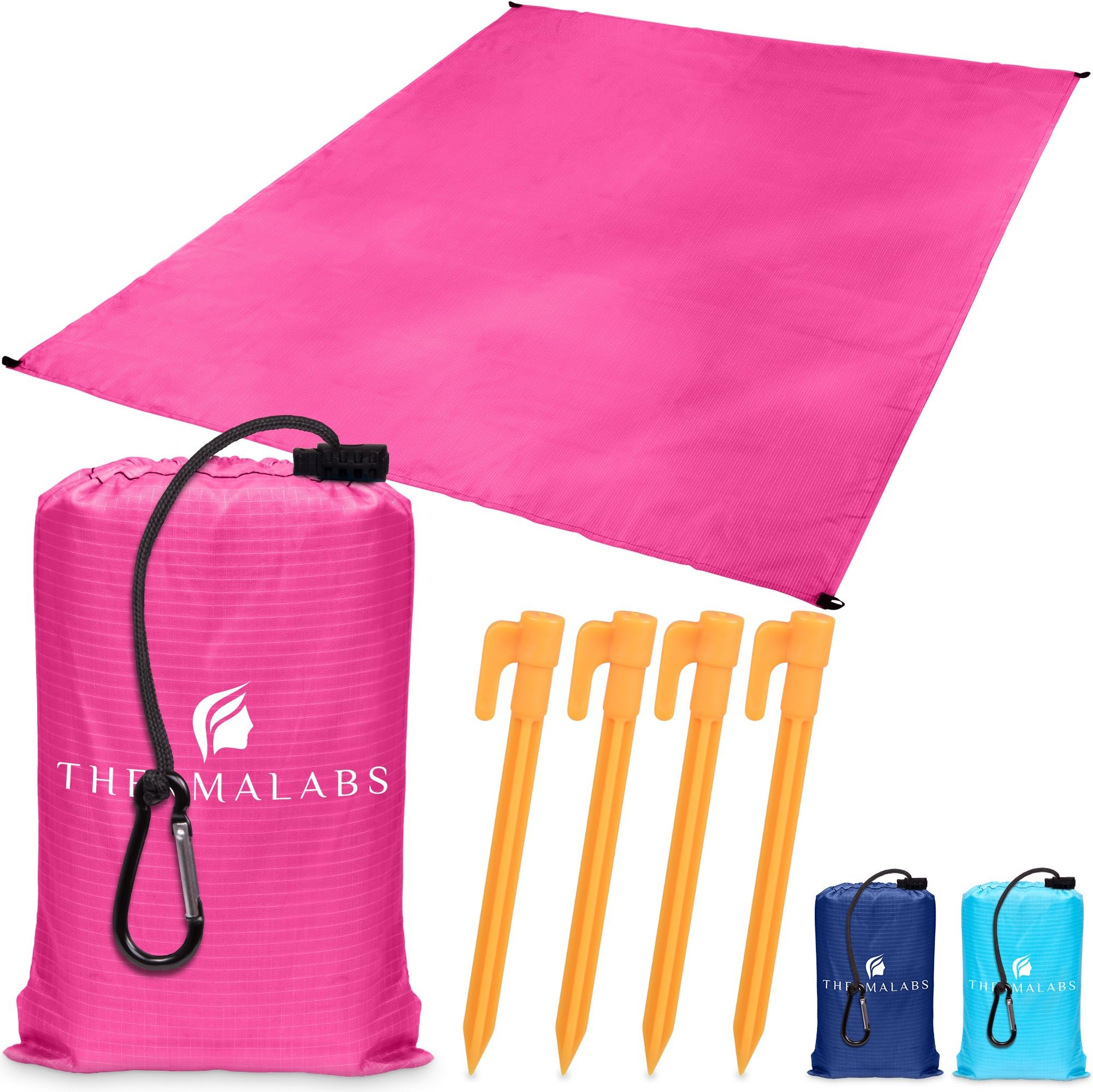 ThermalabsGround Picnic Blanket for Beach & Park, Waterproof Sandless Pocket Mat, Compact Water Resistant Sheet for Travel, Hiking, Outdoor Camping, Seat Cover w/Stakes, Ziplock Bag & more! Pink