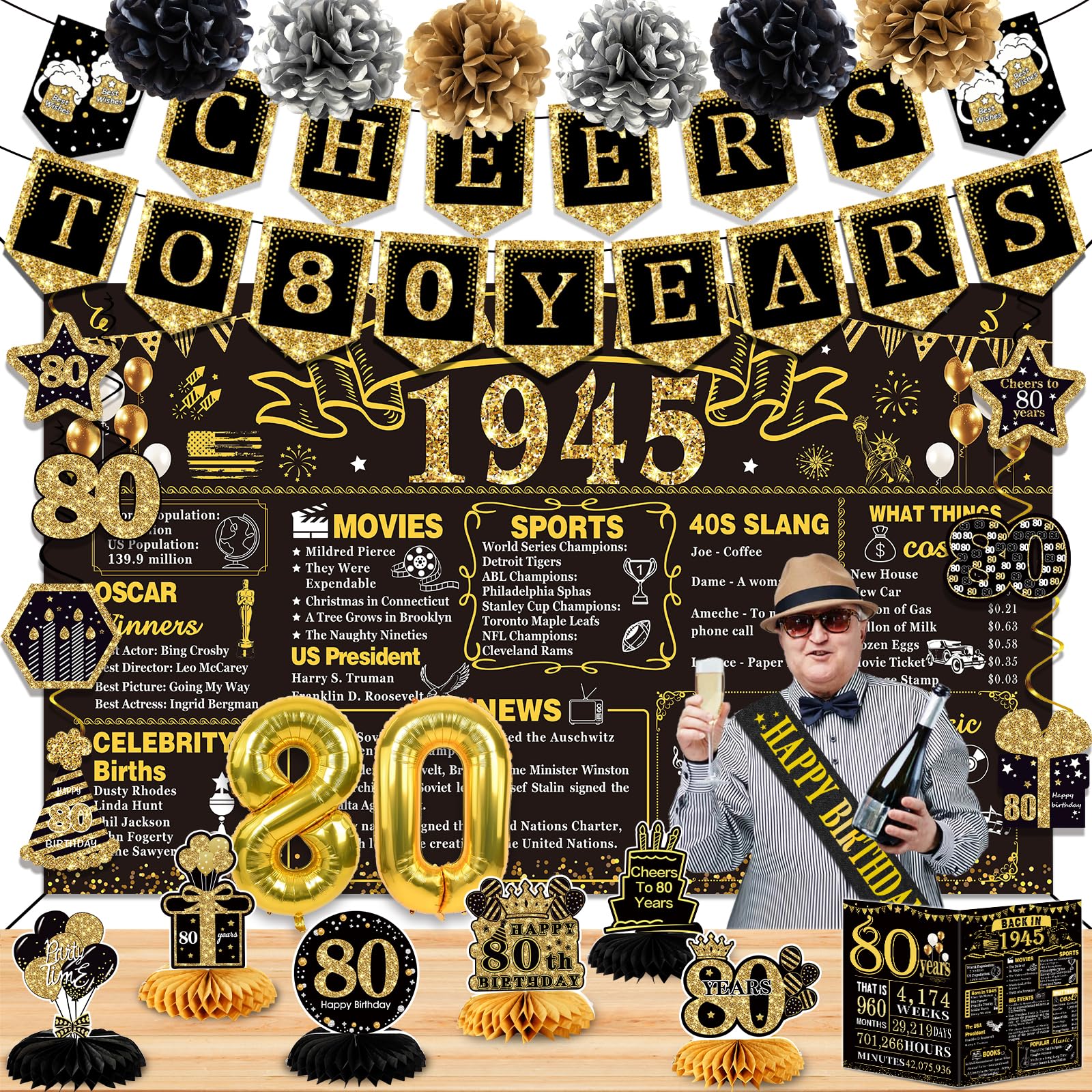 Photo 1 of 80th Birthday Decorations for Men Women,24PCS 1945 Banner Decorations,Including Banner,6 Honeycomb Topper,80 Balloons,Anniversary Card,Cheers to 80 Years Banner,7 Hanging Swirl,6 Paper Poms,Sash