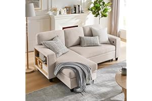 RedLemon 80”Sleeper Sofa Bed,L-Shaped Convertible Sectional Couch Bed with Storage Chaise,2 Built-in Bookshelves and USB Charging Port - Beige