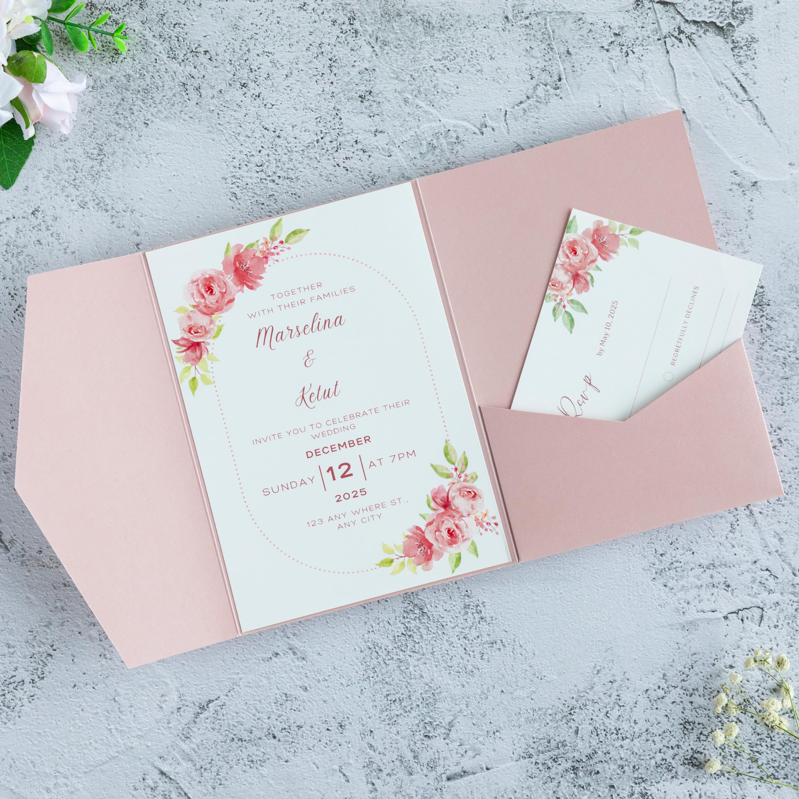 Photo 1 of FEIYI 20 PCS Blush Pink Tri-fold Laser Cut Wedding Invitation Pockets for 5x7 Wedding Cards Bridal Shower Engagement Quinceanera Invitation