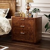 COZAYH Burl Finish 3 Drawer Nightstand, Rustic Farmhouse Dresser with Metal Handles, Vintage Accent Wood Storage Bedside Tabl