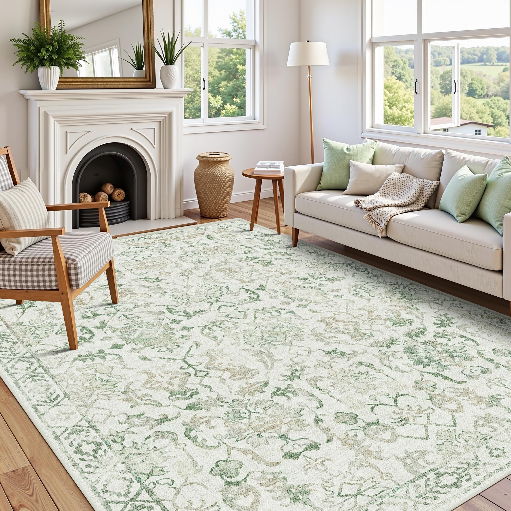 Photo 1 of Green Vintage Area Rug 5x7 for Living Room Bedroom, Washable Distressed Farmhouse Soft Thin Non-Shedding Indoor Throw Rug, Traditional Accent Carpet for Bedroom Office