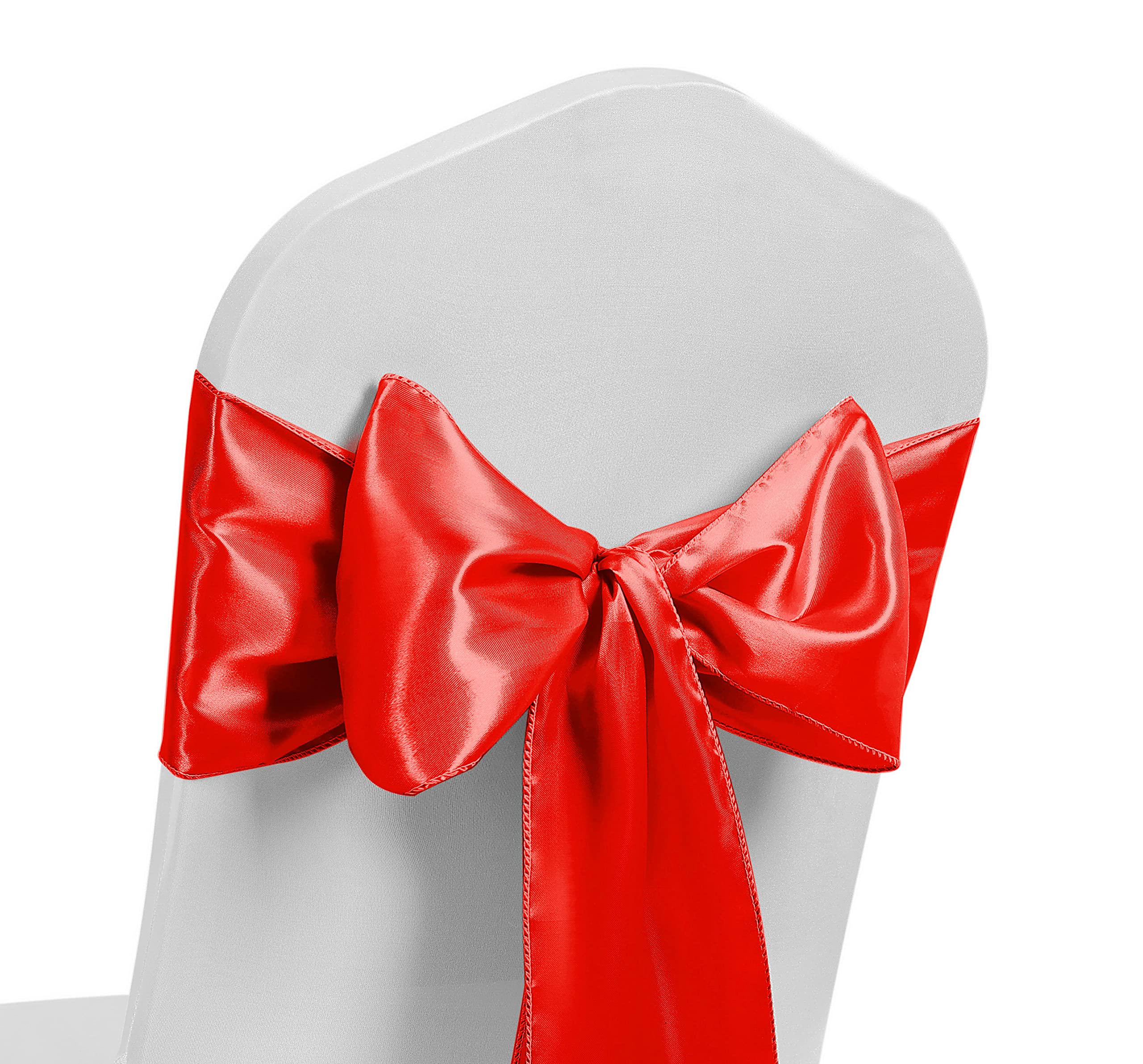 Satin Chair Sash WIDER FULLER BOWS Chair Sashes Bow Back Tie Ribbon Wedding Banquet Decoration (Red, 100)