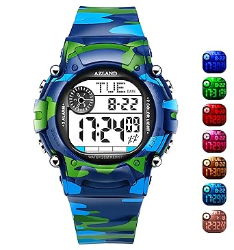 AZLAND 7 Colors Flashing, Multiple Alarms Potty Training Reminder Sports Kids Wristwatch Waterproof Boys Girls Digital Watches Camo, for Age 4-12