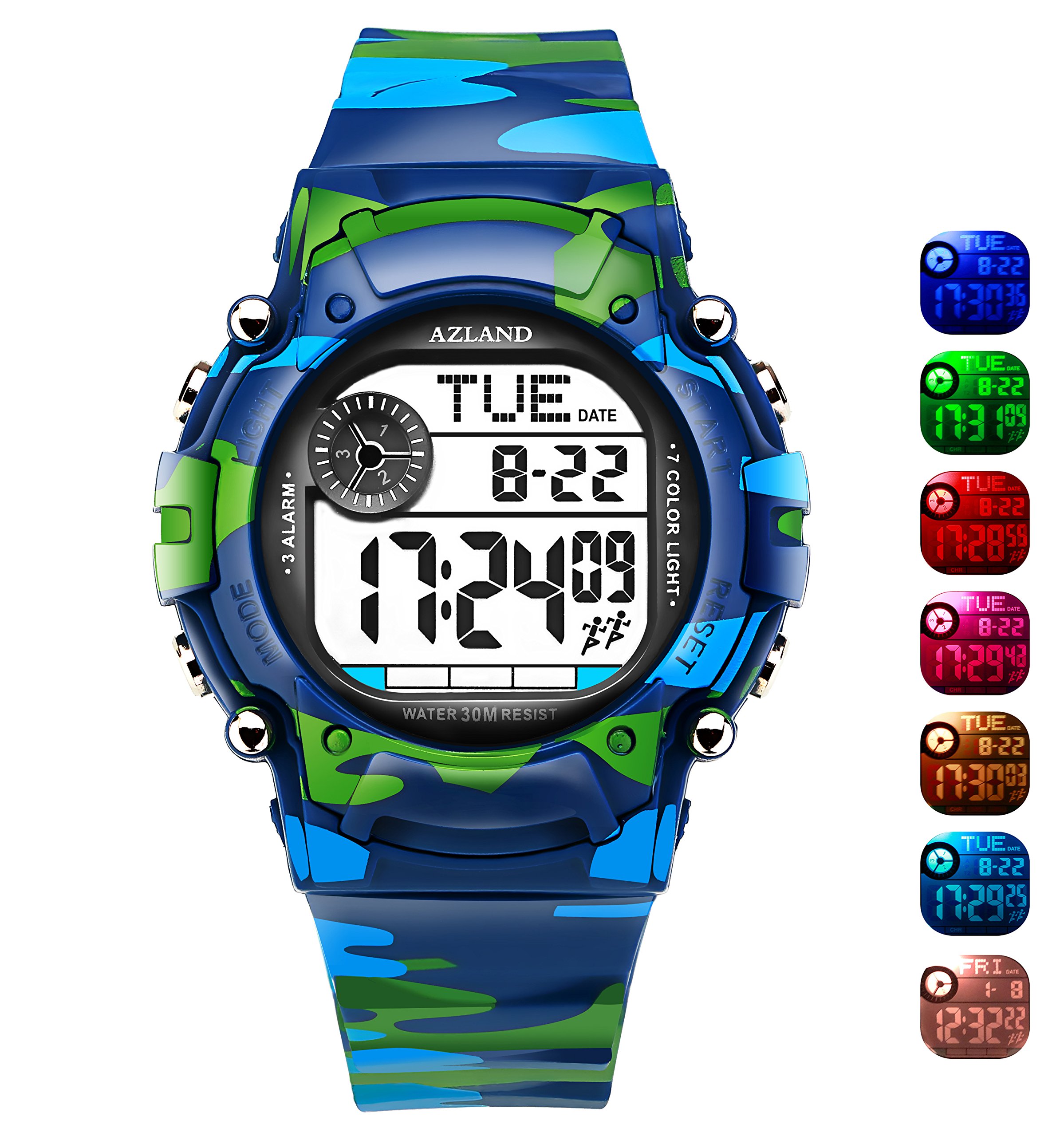 AZLAND 7 Colors Flashing, Multiple Alarms Reminder Sports Kids Wristwatch Waterproof Boys Girls