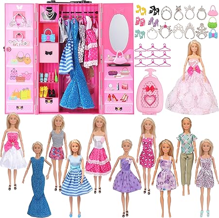 Amazon Sotogo 人形クローゼット ワードローブセット 11 5インチ 女の子人形用 服 アクセサリー収納 人形服 カジュアルウェア ドレス ウェディングドレス 靴 バッグ ネックレス ハンガー トランク ワードローブ 11セット ドレス アクセサリー おもちゃ