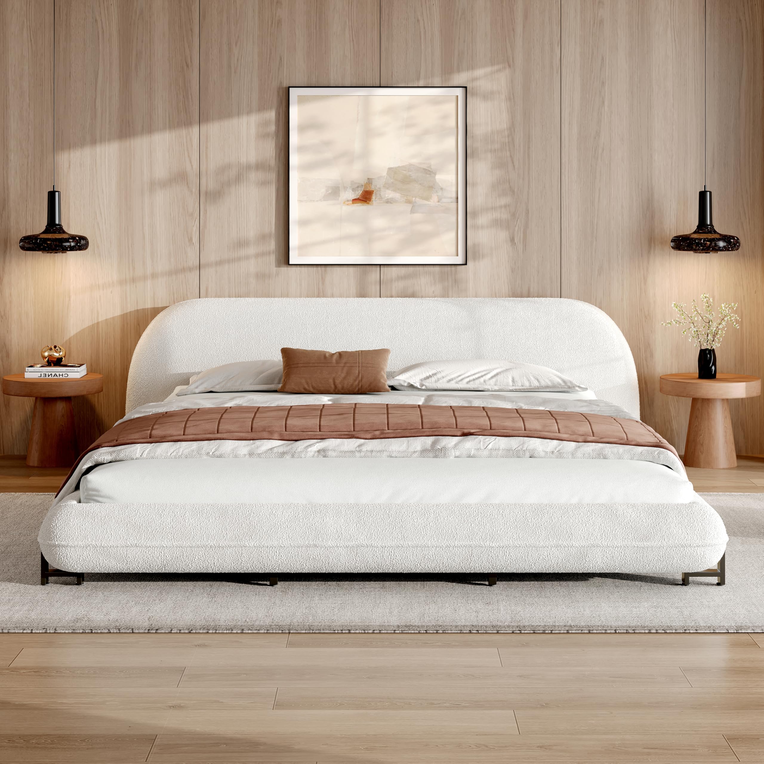 Photo 1 of ***PARTIAL SET*** Merax King Size Bed Frame with Boucle Fabric, Upholstered Platform Bed with Steel Legs, Curve-Shaped Design & Thick Headboard, White