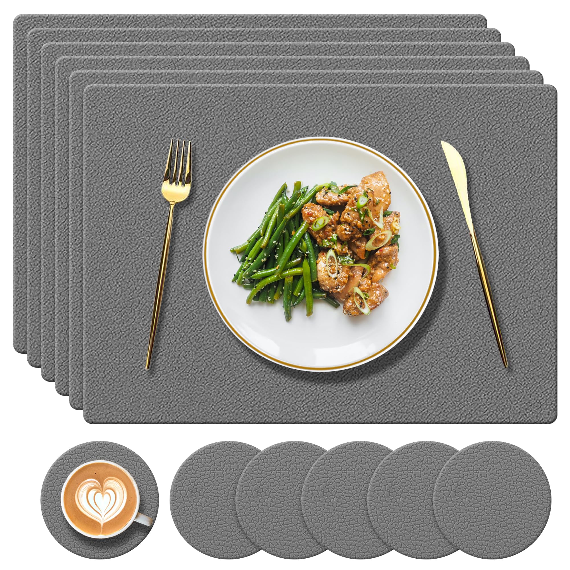 YUNJUER Silicone Place Mats and Washable Coasters Set of 6, Heat-Resistant 450 °F, Non Slip Placemats for Home, Hotel, Indoor Kitchen, Outdoor, Glass Dining Table, (Dark Grey)