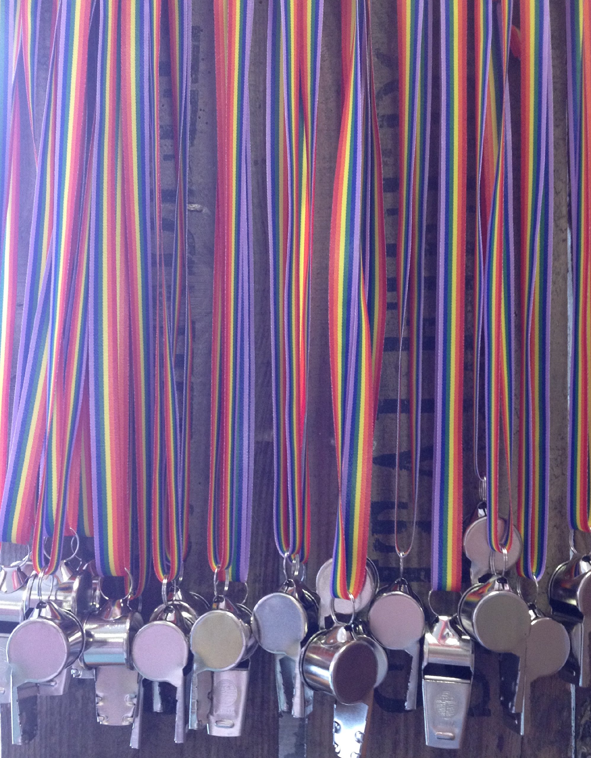 Beautiful Balloons 6 'Gay Pride' Whistles on Rainbow Ribbon!