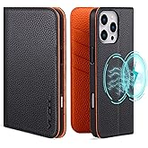 VISOUL Wallet Case for iPhone 16 Pro Max, Pebbled Genuine Leather Folio Case with Card Holder Kickstand Flip Cover Designed for iPhone 16 Pro Max(6.9 inch)-Black+Orange