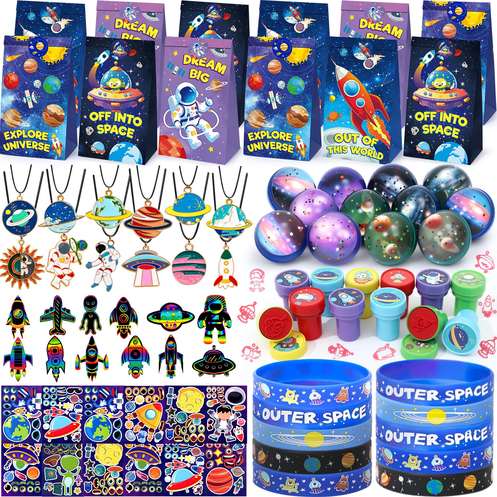 Photo 1 of SNLN Outer Space Party Favors Astronaut Birthday Supplies Bag Bouncy Ball Scratch Paper Stamp Necklace Silicone Bracelet Diy Sticker Goodie Bag Stuffer Kids Boys Space Themed Party Favors