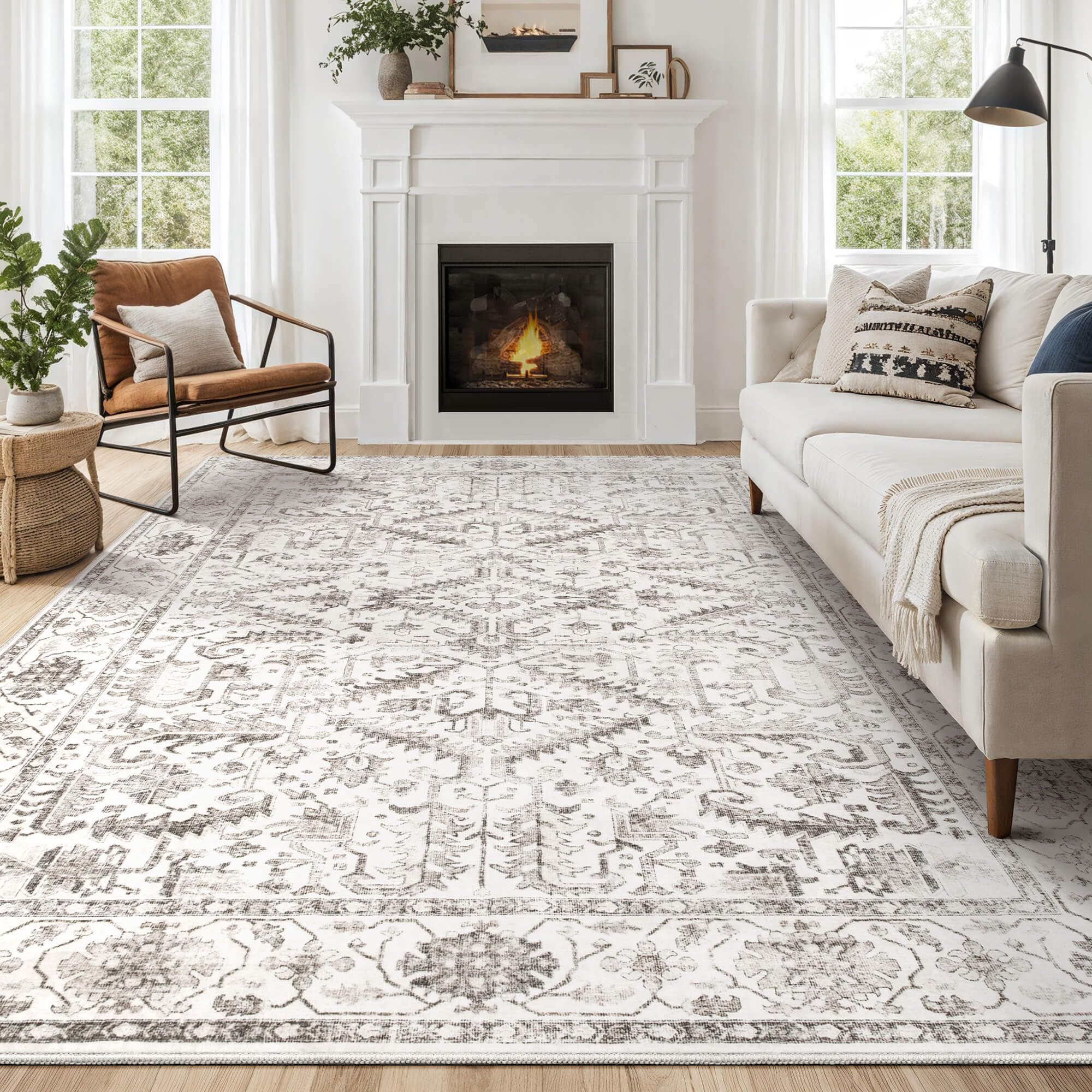 Photo 1 of 10x14 Area Rug for Living Room - Washable Soft Traditional Tribal Rug for Bedroom Dining Room Home Office, Non-Slip Stain Resistant Vintage Distressed Indoor Floor Carpet- White