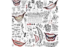GOROMON 6 Sheets The Joker Temporary Tattoos For Halloween Makeup Kit, Suicide Squad Joker Tattoos Stickers For Women Men Adults, Damaged Tattoo Joker Hand Smile Face Poker Prisoner Costume Skull Set