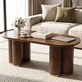 YOSHOOT Oval Fluted Coffee Tables for Living Room, 47" Wood Coffee Table,Walnut