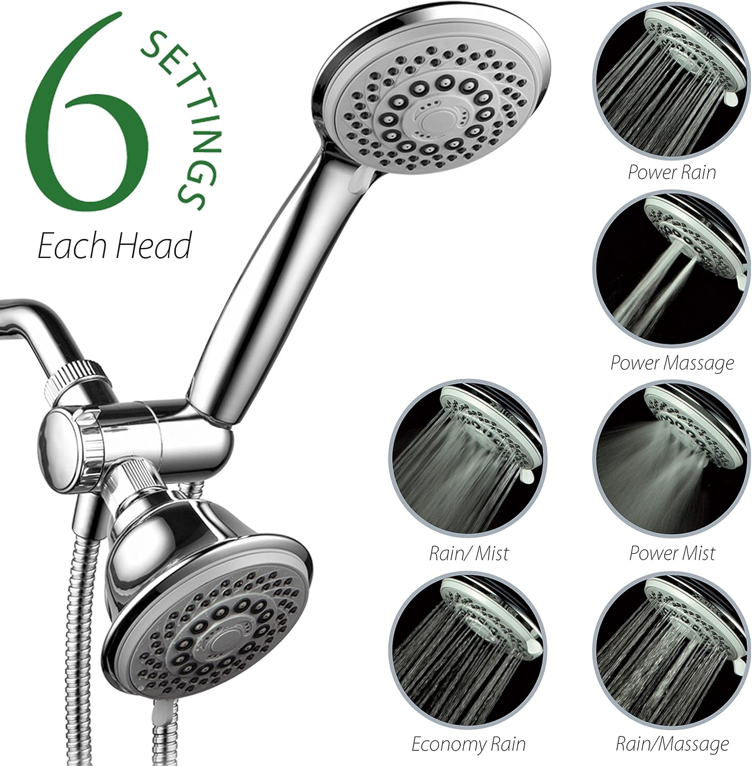 AquaStorm by HotelSpa 30-Setting SpiralFlo 3-Way HIGH PRESSURE Luxury Shower Head/Handheld Showerhead Combo with Water Saving Economy Mode/Chrome - - 