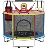 Toddler Trampoline with Enclosure Net, Indoor Outdoor Mini Kids Trampoline w/Adjustable Gymnastics Bar, Basketball Hoop, Swing, Upgraded Ring Legs, Gifts for Ages 3-10