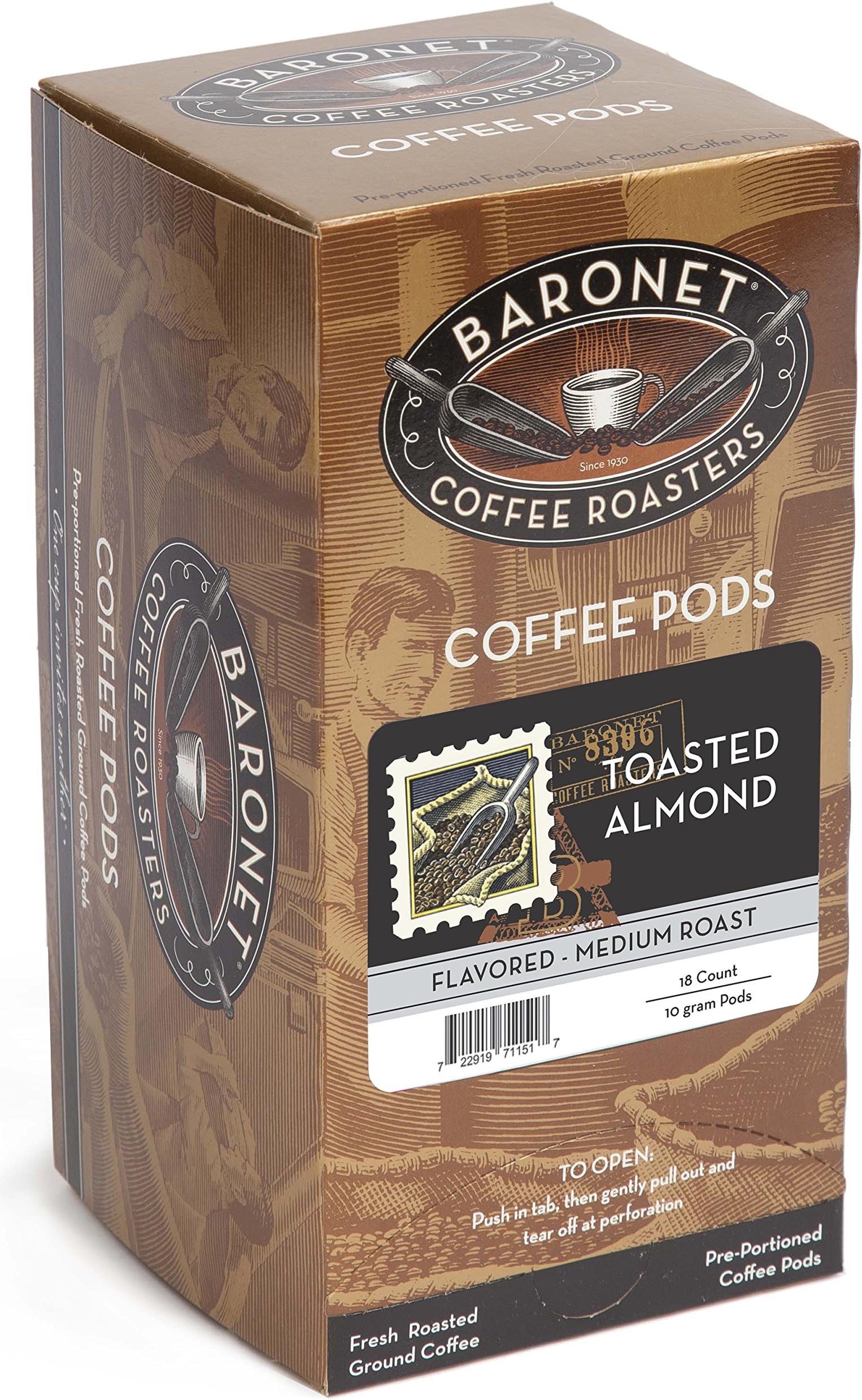 Baronet CoffeeToasted Almond Medium Roast, 18-Count Coffee Pods (Pack of 3)