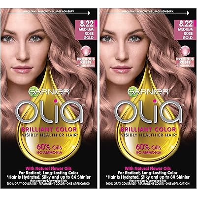 Garnier Olia Bold Ammonia Free Permanent Hair Color (Packaging May Vary), 8.22 Medium Rose Gold Hair Dye, 2 Count
