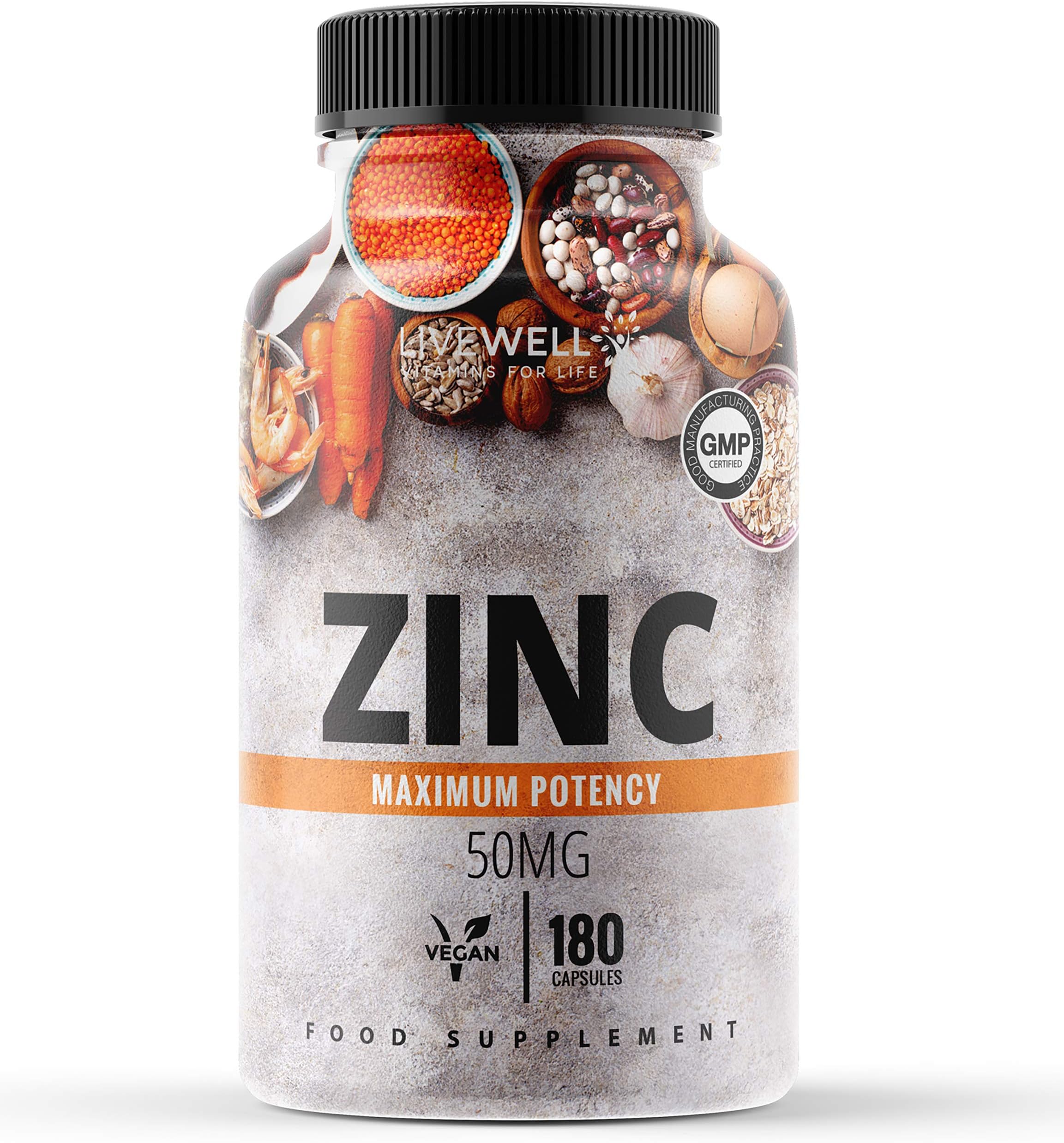 Zinc Capsules 50mg | 180 Easy to Swallow, Vegan, Zinc Gluconate Capsules | Made in The UK (180 Capsules)