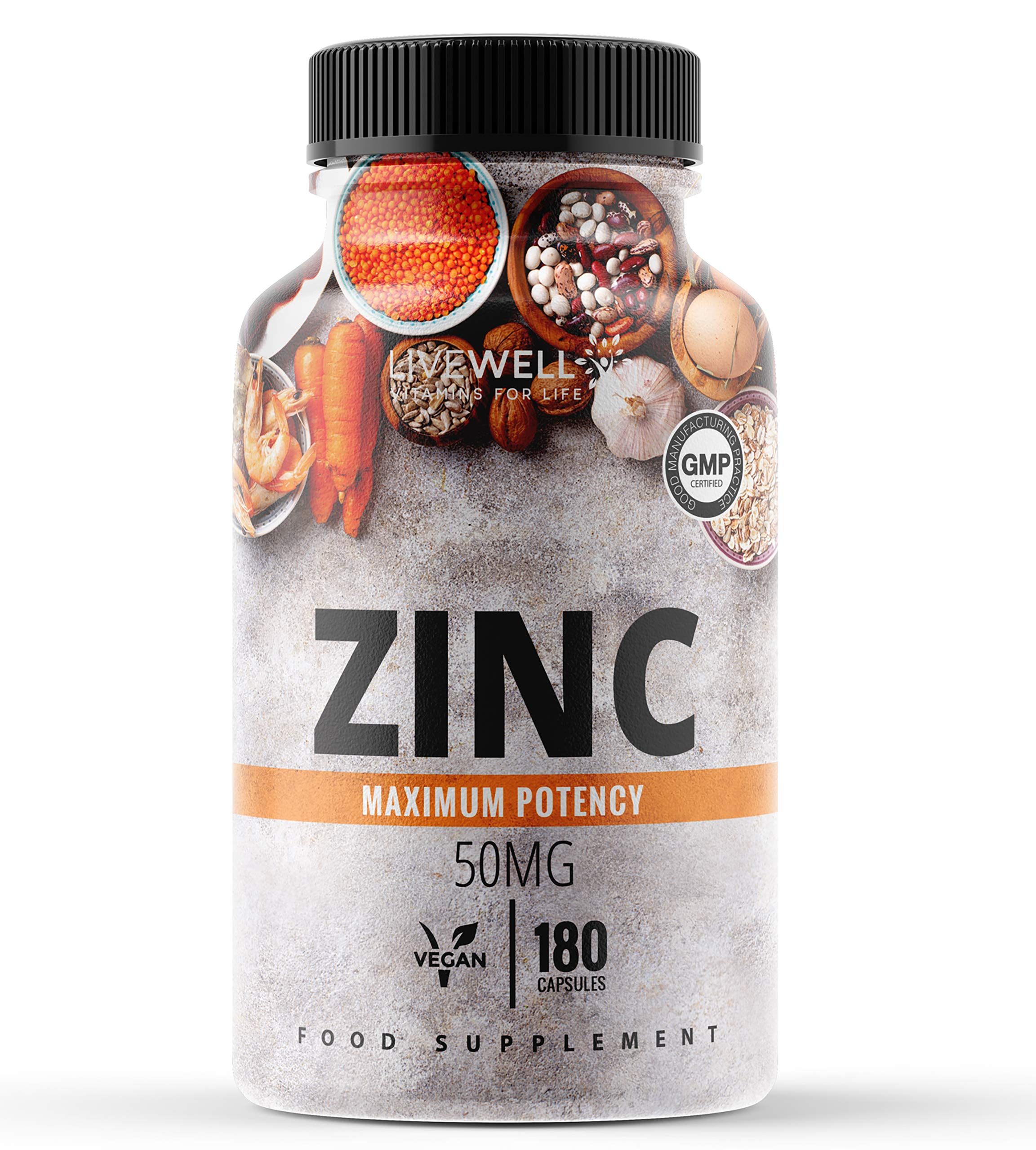 Zinc Capsules 50mg | 180 Easy to Swallow, Vegan, Zinc Gluconate Capsules | Made in The UK (180 Capsules)