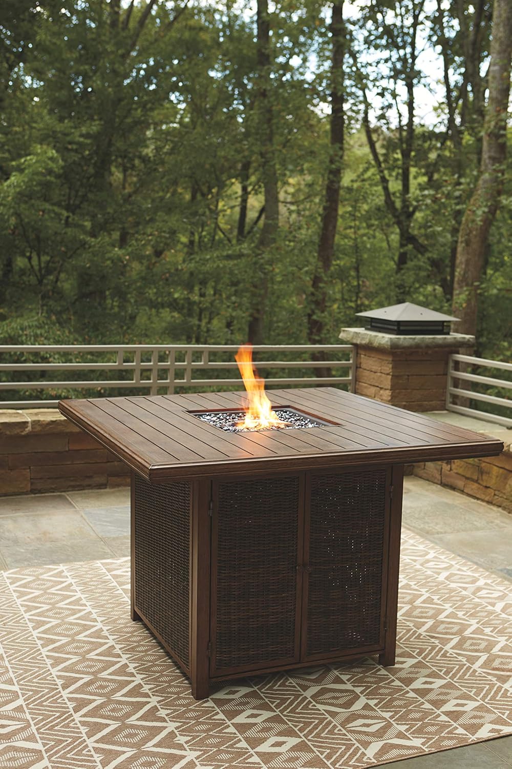 outdoor tabletop fireplace on Signature Design By Ashley Paradise Trail Square Bar Table With Fire Pit Medium Brown Garden Outdoor Amazon Com