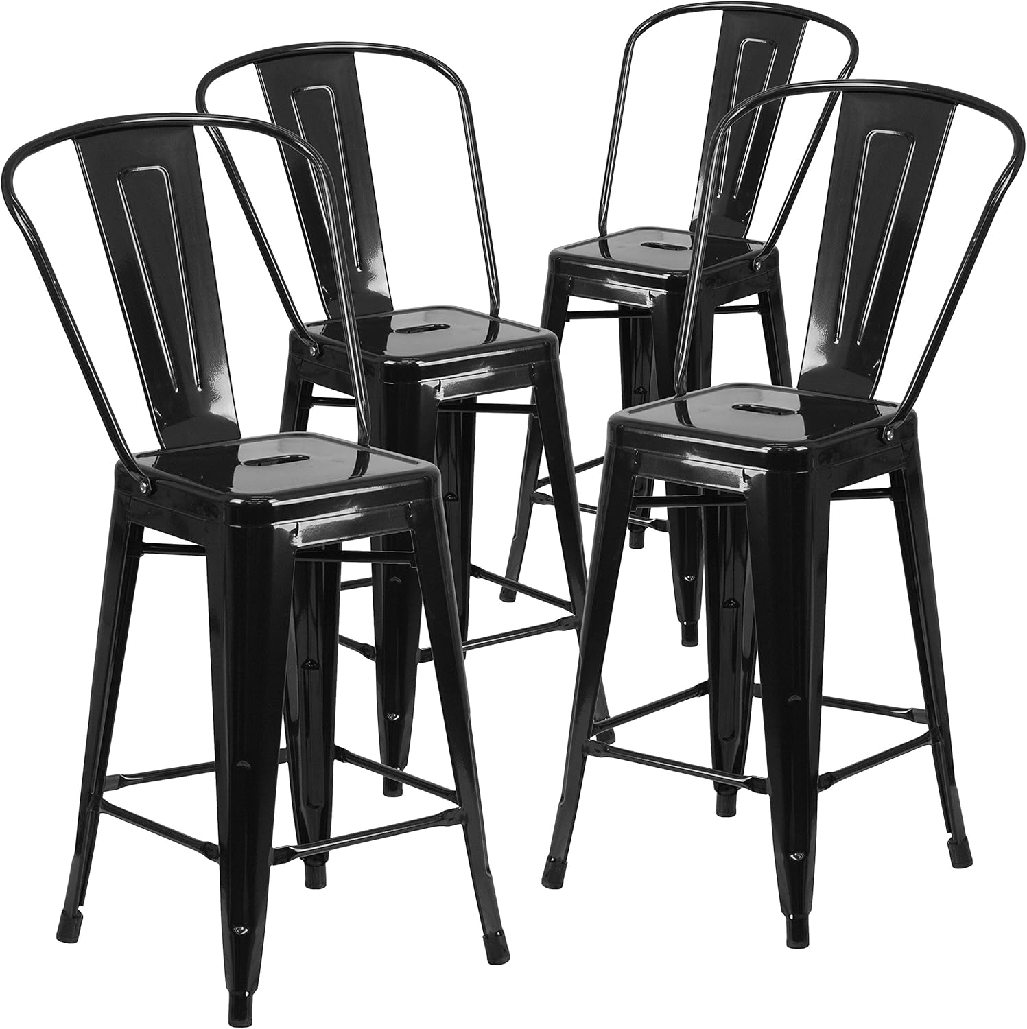 Flash Furniture 4 Pk. 24'' High Black Metal Indoor-Outdoor Counter Height Stool with Back