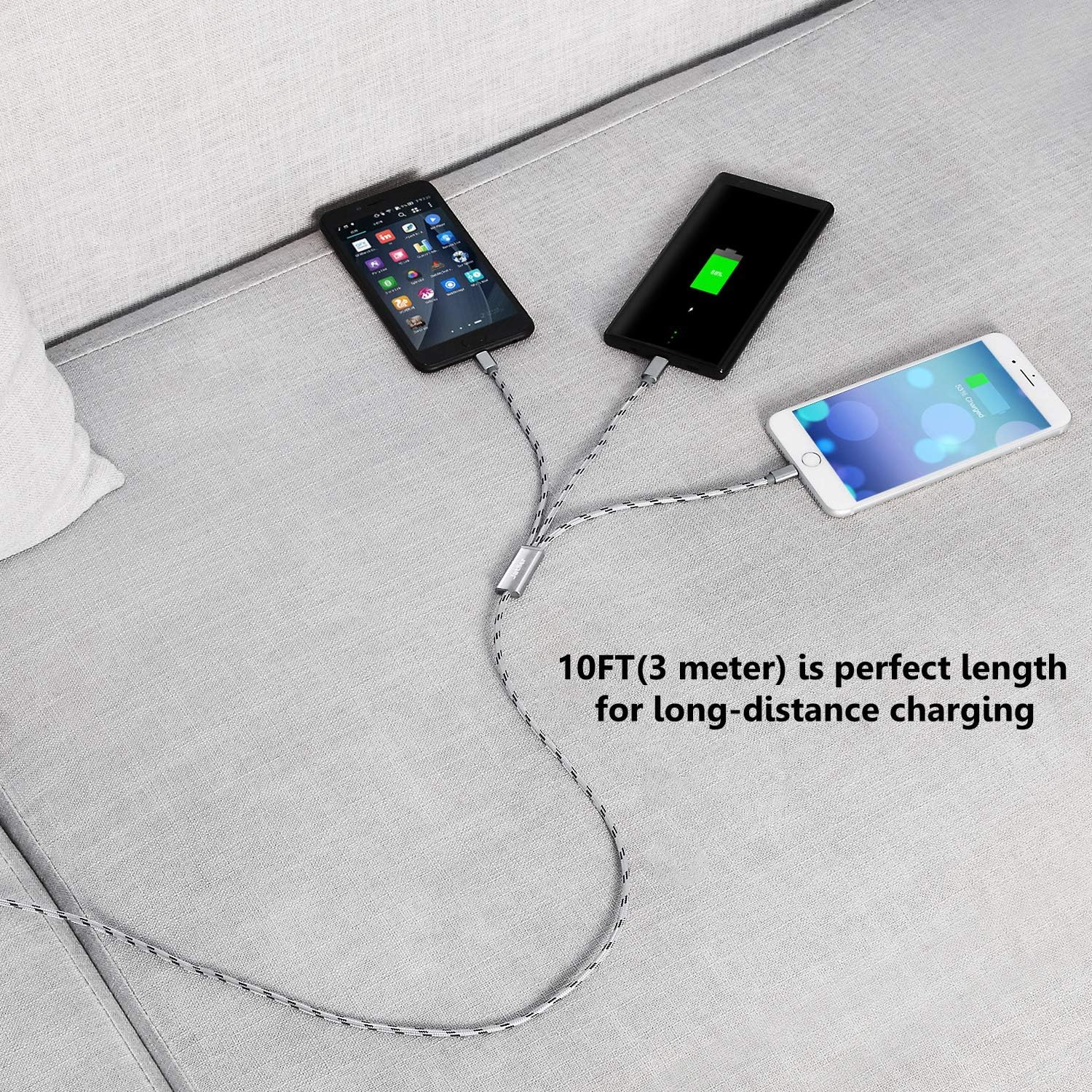 2Pack 10ft Multi Charger Cable,Multi Charging Cable Long Nylon Braided Multiple USB Cable Universal 3 in 1 Charging Cord Adapter with Type-C,Micro USB Port Connectors for Cell Phones and More