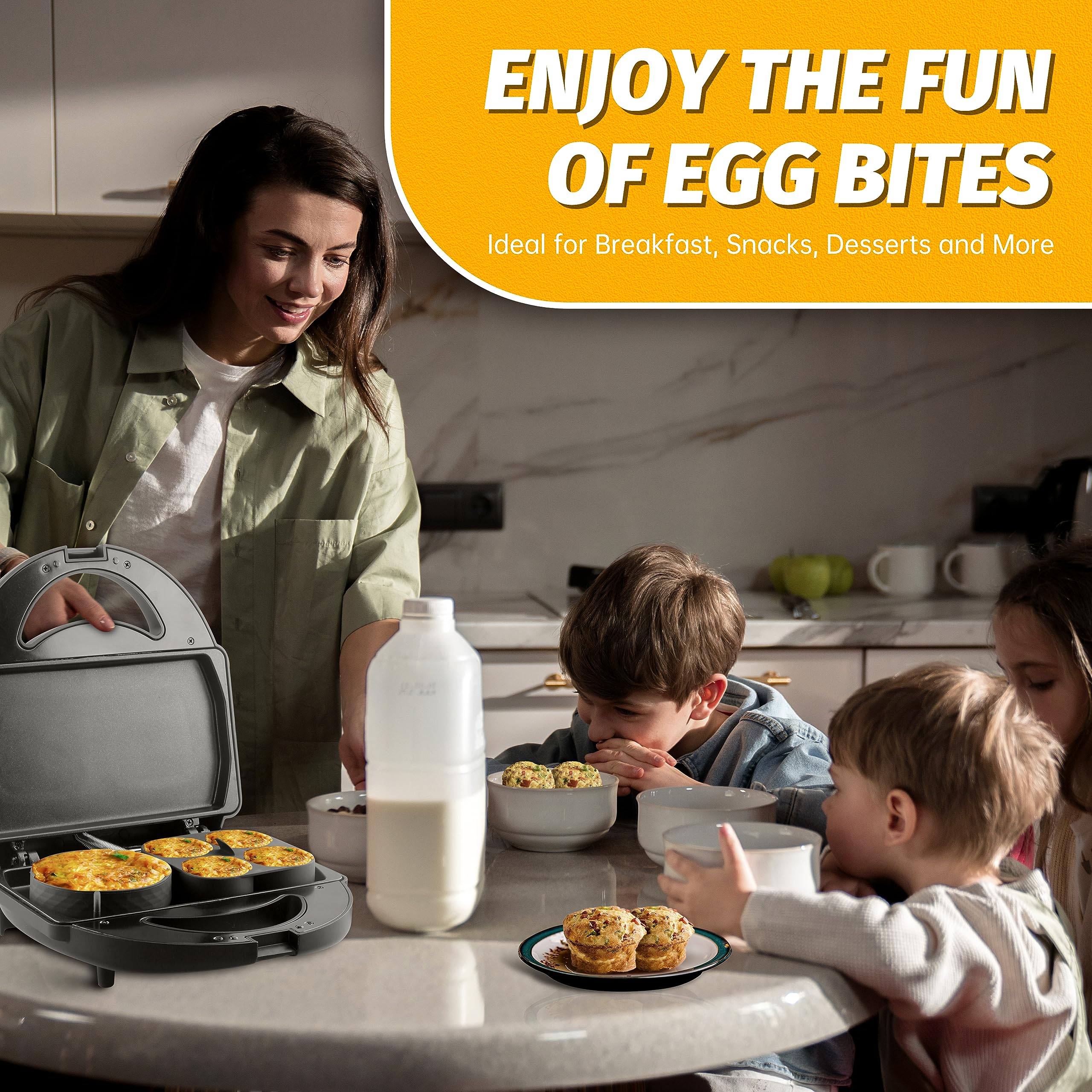 Sous Vide Style Egg Bite Maker Machine with 4 Silicone Molds, Grilled Cheese Maker, Mini Griddle, Ideal for Breakfast Sandwiches, Snacks, Desserts, 8 Mini Egg Bites & 2 Large Egg Bites