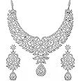 Touchstone Hollywood Glamour Pretty Filigree Paisley Motif Rhinestones Studded Diamond Look Designer Bridal Jewelry Hasli Necklace Set For Women In Antique Gold or White or Silver Tone.