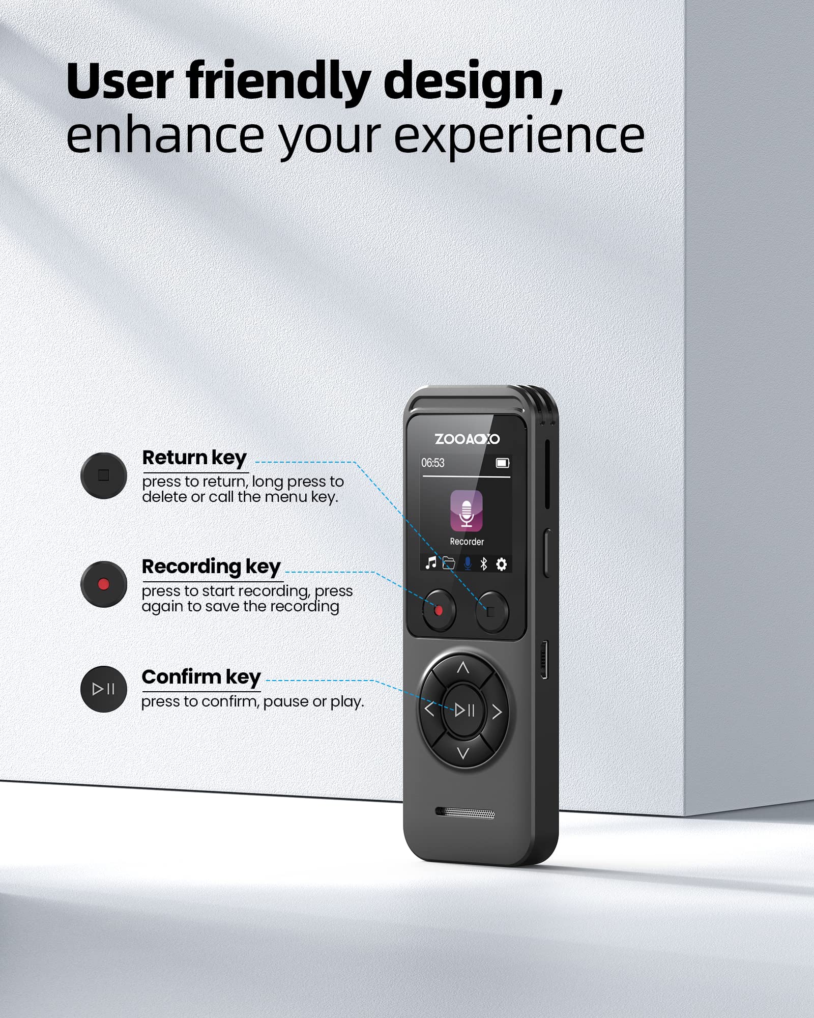 ZOOAOXO 64GB Digital Voice Recorder, Voice Recorder with Dual Microphone, 3072 kbps HD, A-B Repeat, Recording Monitoring, Noise Reduction, Voice Activated Recording