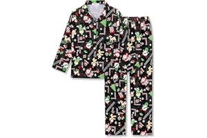 Tebbis Boys 2-Piece Pajamas - Black Video Game Controllers Print Long Sleeve Notch Collar Button Soft PJs Size 6-18