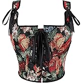 CXQRR Renaissance Peony Floral Corset Tops for Women Vintage Push-Up Overbust Bustier Going-Out Lace-Up Boned Bodyshaper