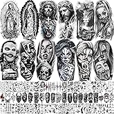 73 Sheets Halloween Chicano Temporary Tattoos For Women Men Adults Cholo Chola, Our Lady of Guadalupe Tattoo Stickers Religion, Chicana Gangster Prisoner Mexico Culture Joker Fake Tattoo Jesus Christ