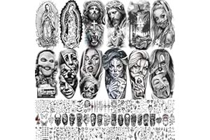 SHELYEXIEN 73 Sheets Halloween Chicano Temporary Tattoos For Women Men Adults Cholo Chola, Our Lady of Guadalupe Tattoo Stickers Religion, Chicana Gangster Prisoner Mexico Culture Joker Fake Tattoo Jesus Christ