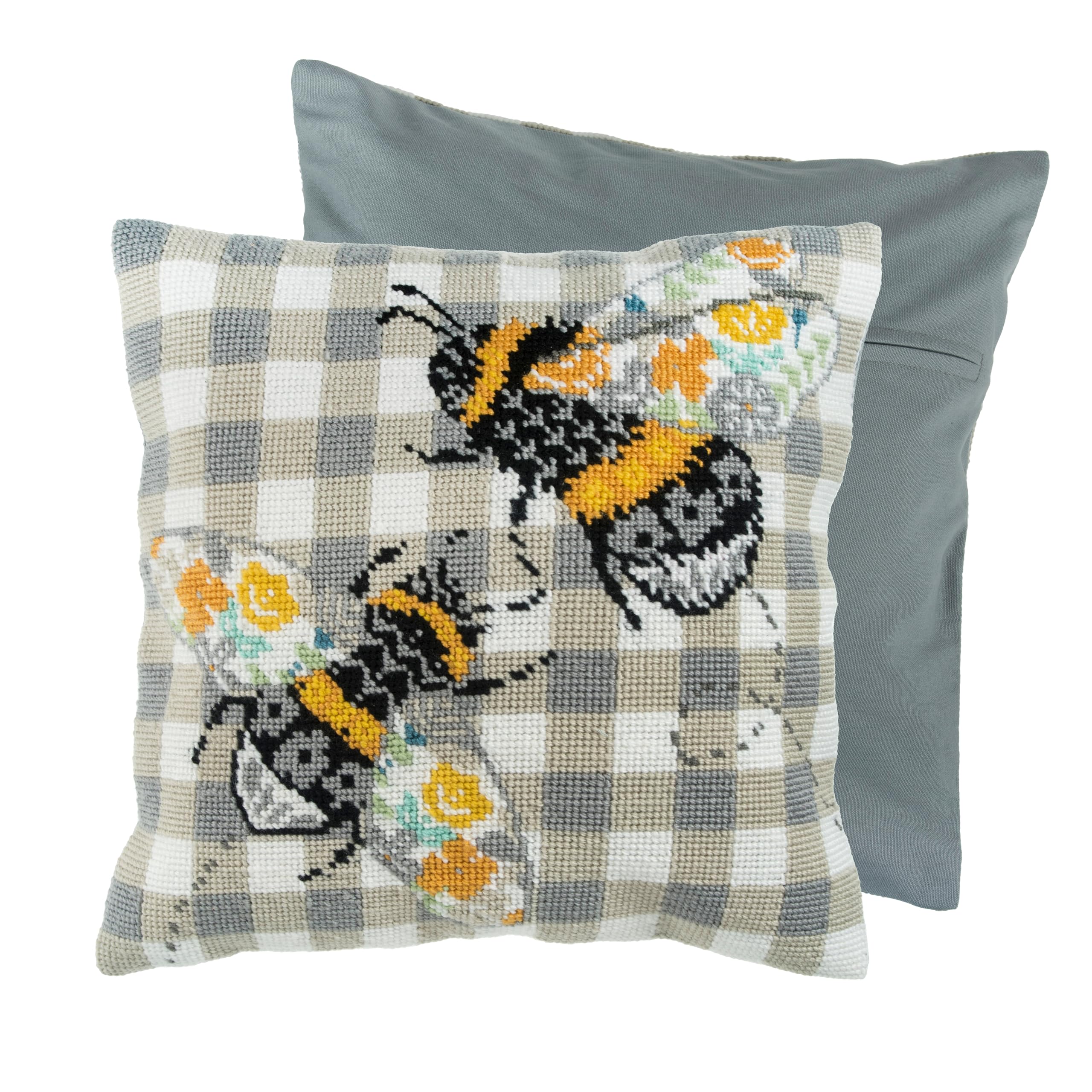 Trimits Half Stitch Cross Stitch Cushion Kit, Cushion Back Included, Pre Printed Canvas, Yarn and Needle Included 40 x 40cm (15.75 x 15.75in), Bees
