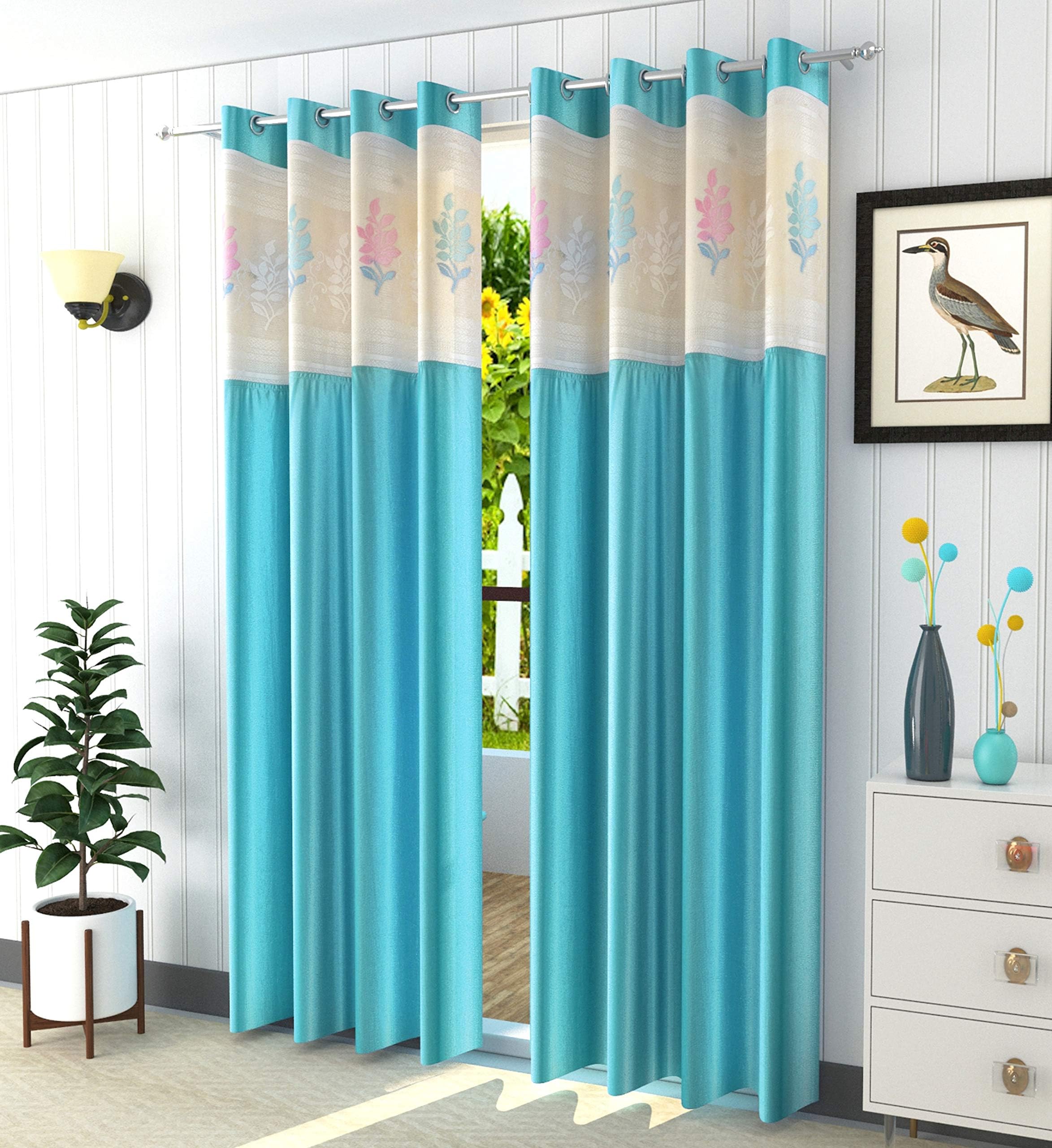 LaVichitra 2 Piece Premium Window Curtain with Floral Net - 6ft, Aqua
