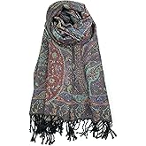 Plum Feathers Tapestry Ethnic Paisley Pattern Pashmina Shawl Scarf, Womens Pashmina Shawl Wrap with Fringes