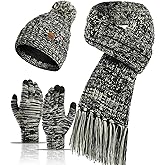 Winter Hat Scarf Gloves Set for Women Womens Knit Warm Hat Beanie Long Scarf Touchscreen Gloves Skull Caps Neck Scarves