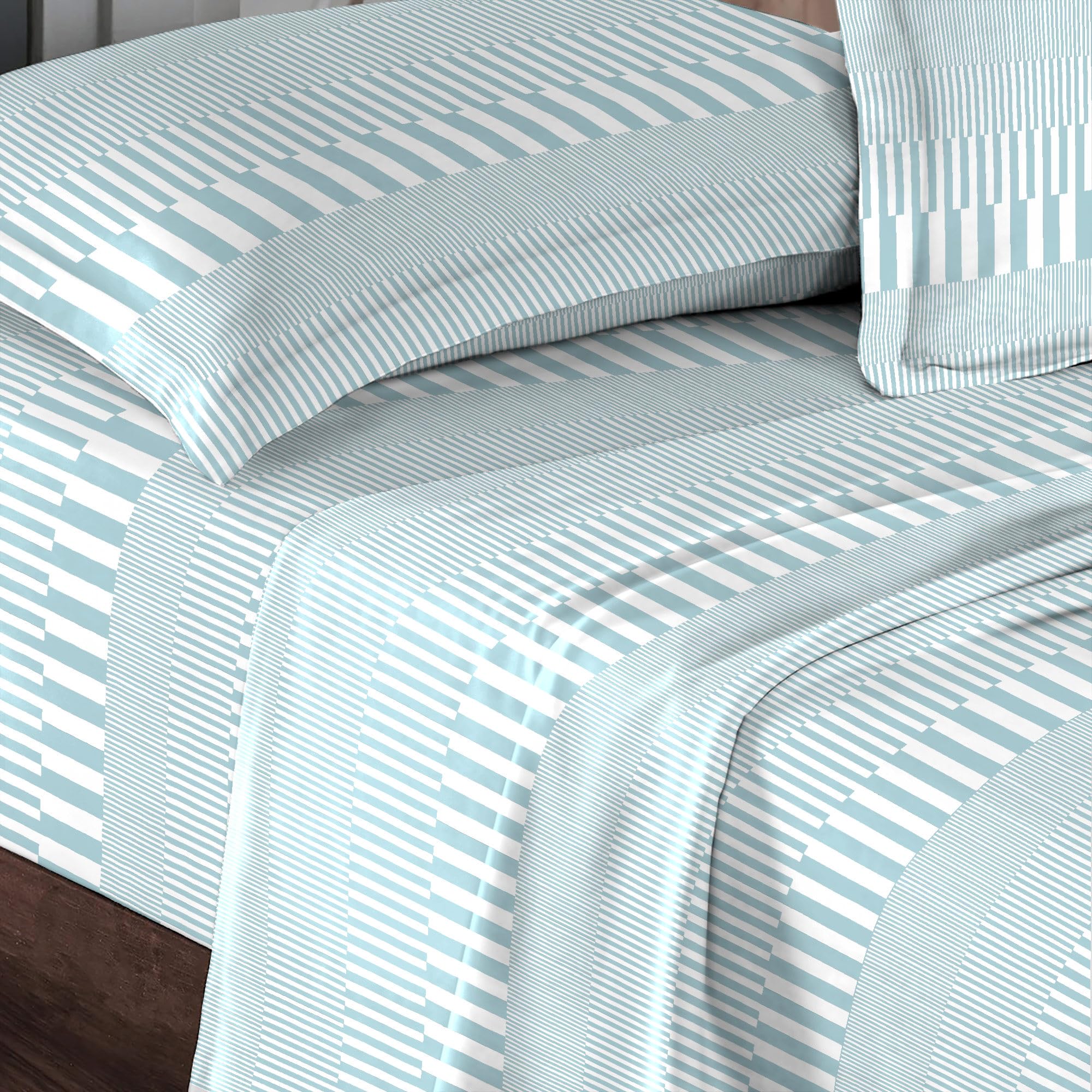 Pizuna Cotton Cascade Stripe Blue Print Double Bed Sheet Set 400 Thread Count 100% Long Staple Sateen Cotton Printed Bedding Set Includes 1 Fitted Sheet 1 Flat Sheet 2 Pillowcases (Printed Bed Sheets) — image 1