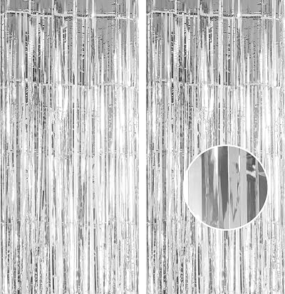 YAAVAAW Glitter Silver Tinsel Curtain 2 Pack 8.3ft Door Backdrop 3.2x8.3ft