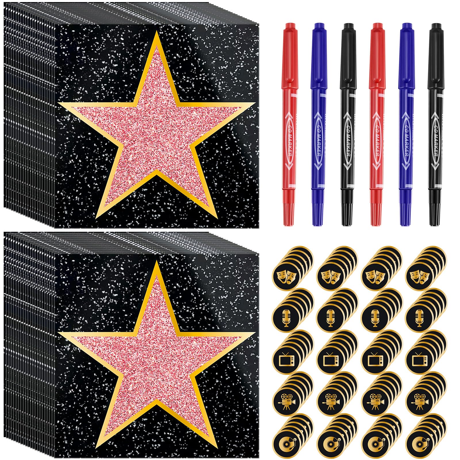 Photo 1 of Pasimy 25 Pcs Movie Star Stickers Movie Theme Party Decorations Red Carpet Stickers Stars of Fame Decor Kit Stars Props with Black Markers for Red Carpet Oscar Party Decorations