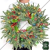 24 Inch Prelit Christmas Wreath for Front Door, Real Touch Norfolk Pine Wreath with Dual Color Change & Timer,Artificial Pine Tips,Cypress Leaves,Red Berries and Pinecone for Door Home Outdoor Decor