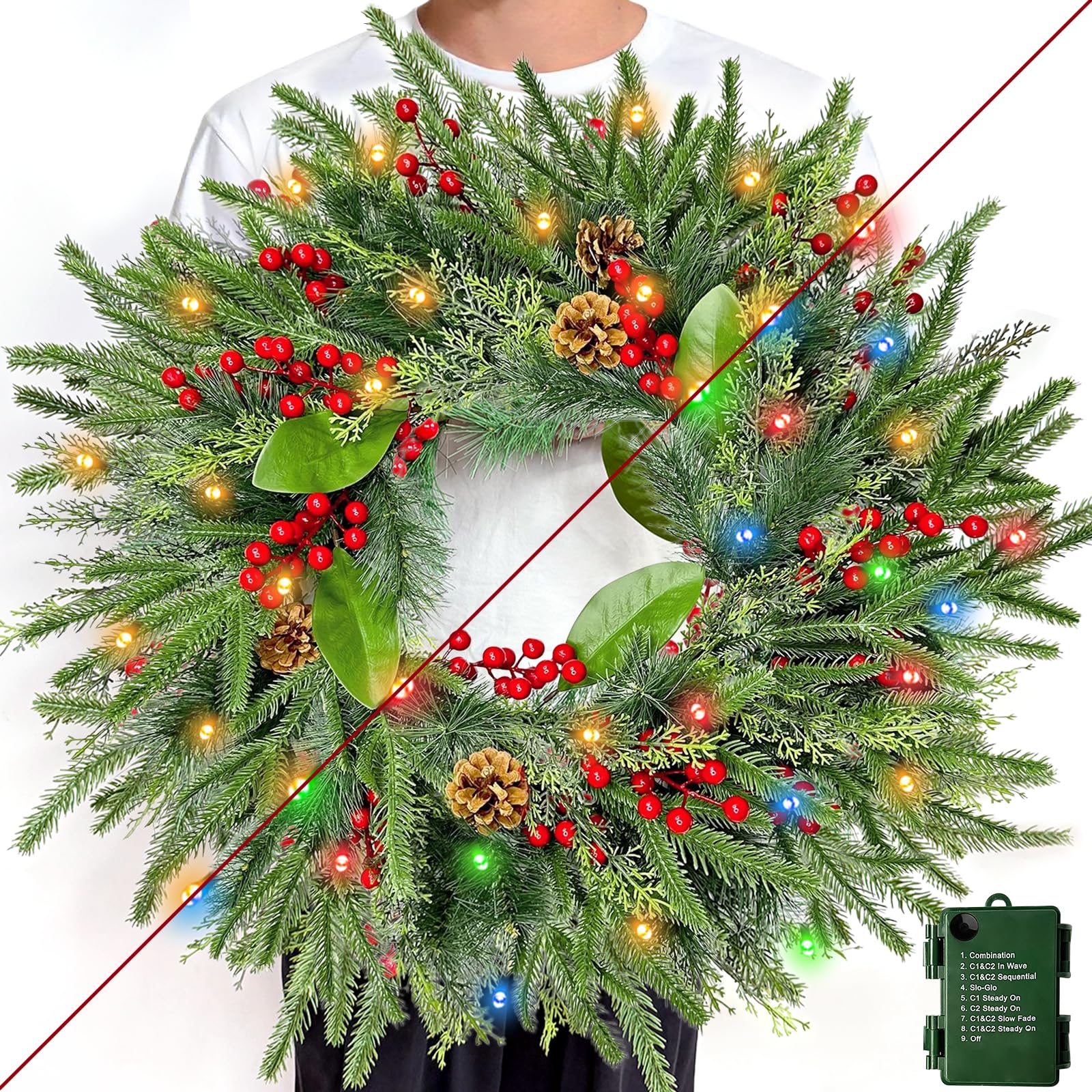 Photo 1 of 24 Inch Prelit Christmas Wreath for Front Door, Real Touch Norfolk Pine Wreath with Dual Color Change & Timer,Artificial Pine Tips,Cypress Leaves,Red Berries and Pinecone for Door Home Outdoor Decor