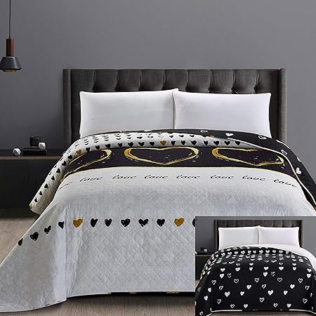DecoKing 32541 Tagesdecke 220x240 cm Mikrofaser Bettüberwurf Steppung zweiseitig pflegeleicht schwarz weiß golden Herzen Love