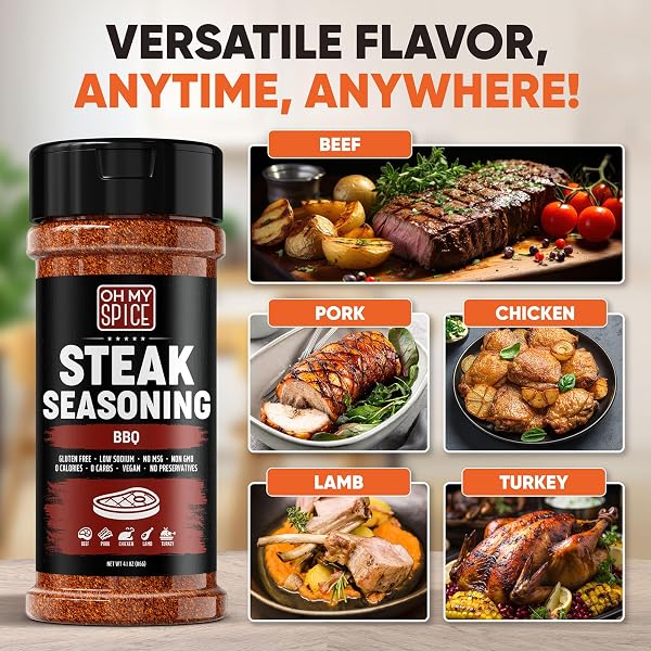 STEAK SEASONING BBQ RUB MIX – GLUTEN FREE & LOW SODIUM MEAT SEASONINGS FOR BEEF, RIB & RIBEYE. STEAK SEASONING FOR GRILLING. BBQ SEASONINGS FOR COOKING. STEAKS SALT BLEND. SMOKING STEAKS RUBS. 4.1OZ