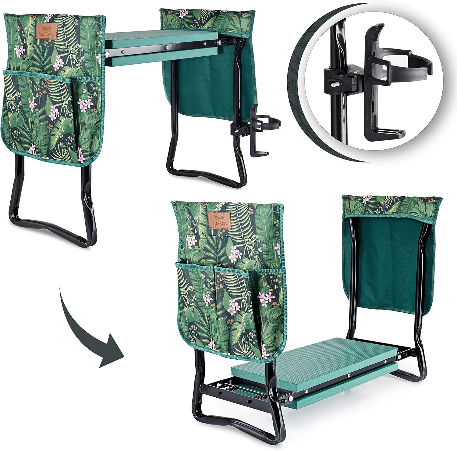 HayloFields Gardening Stool and Kneeling Pad, with 2 Tool Pouches, Drink Holder, Floral Pattern - Large, 2-in-1 Garden Kneeler and Seat with Comfortable Foam Seat - Premium Gardening Gifts: Garden & Outdoor