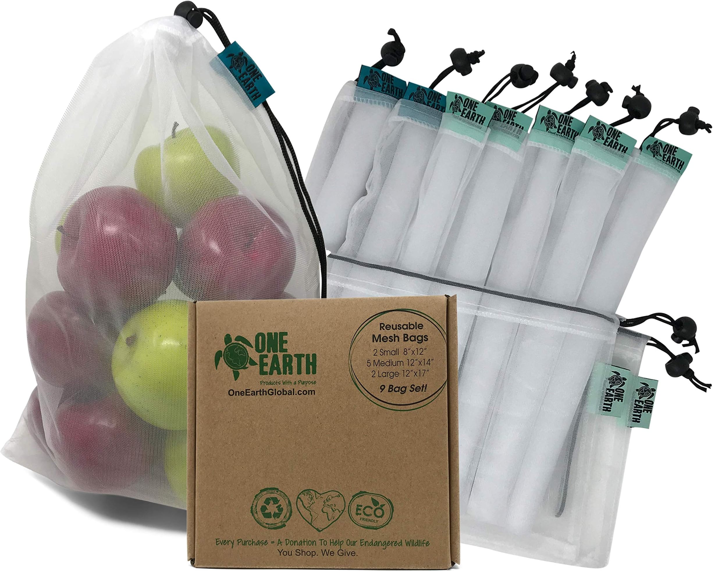 One Earth Global Premium Reusable Produce Bags ~ Complete Set of 9 Heavy Duty Double Stitched Strength Eco Friendly Reusable Mesh Produce Bags ~ Perfect For Vegetables, Fruits, Toys, Laundry