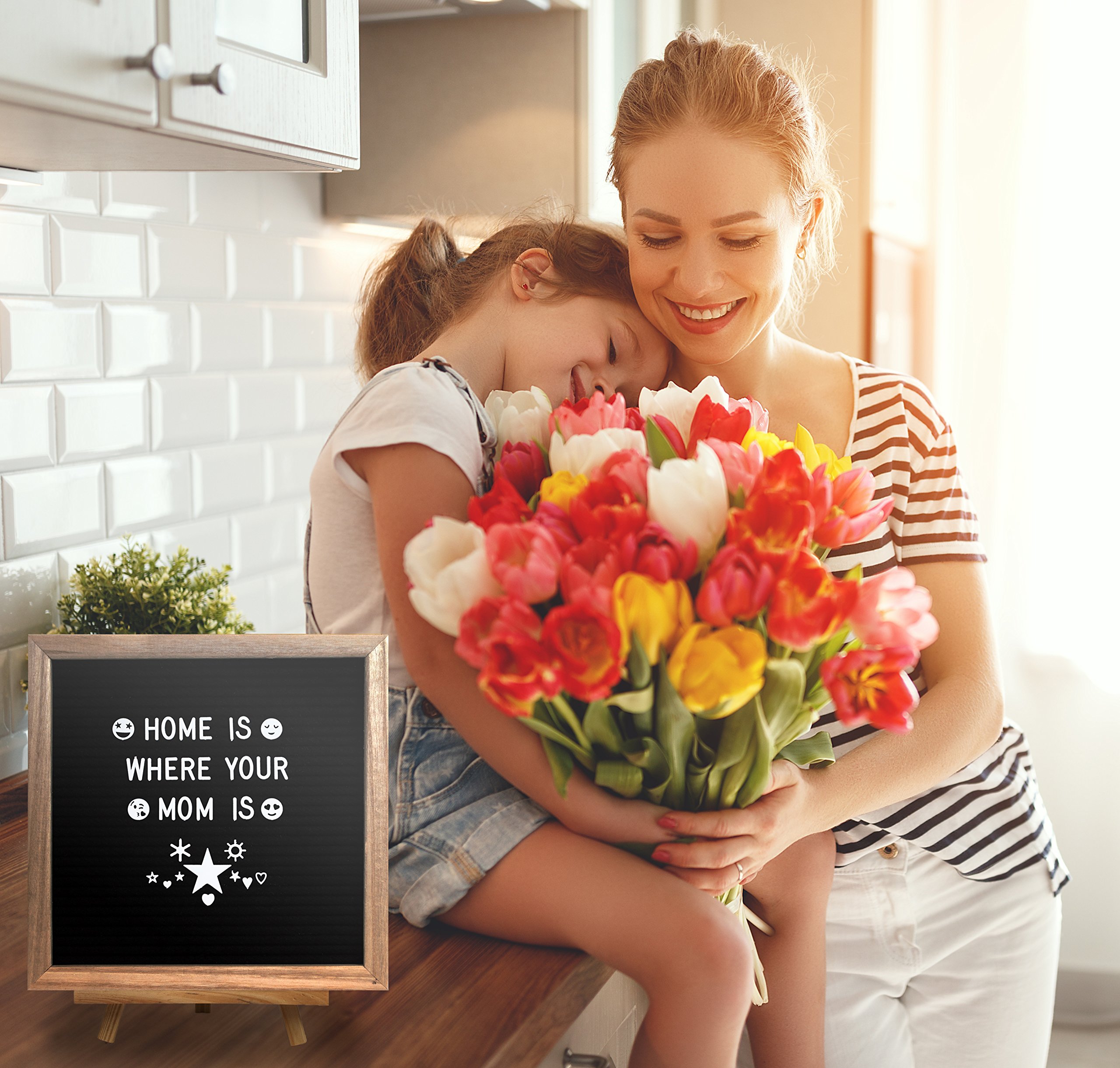 Black Felt Letter Board with 678 Letters, Numbers, Emojis and Symbols,10X10 inches Changeable Oak Frame Message Board with Mount Hanger, Stand and Canvas Bags by ZG-Home